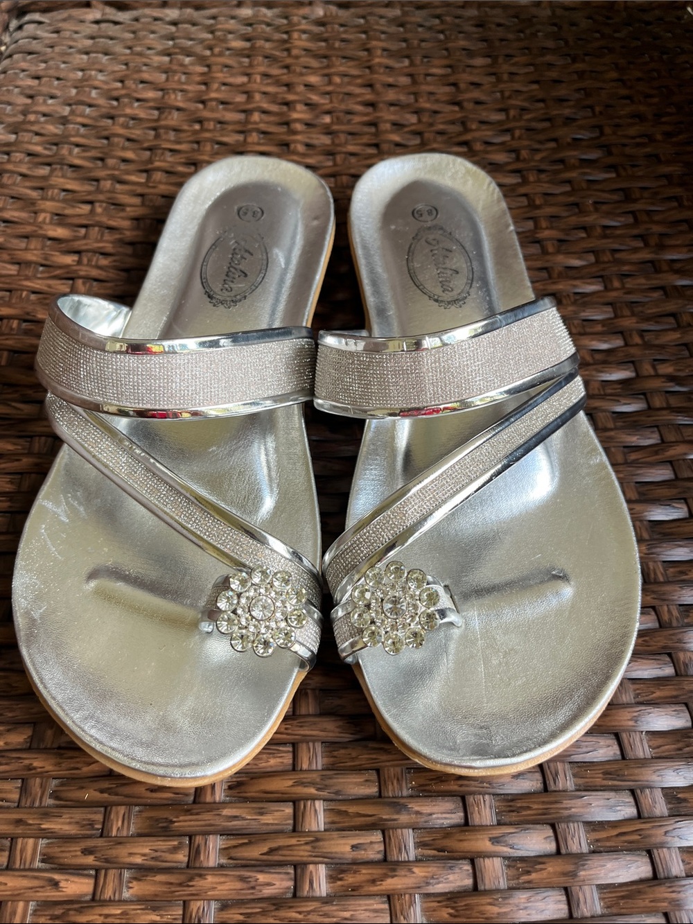 Abella Silver Slide Sandals with Rhinestone Flower Accents